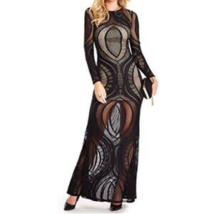 Marciano Dress Sz S Laser Cut Lace Maxi Long Sleeve Black Gown Goth Whimsigoth